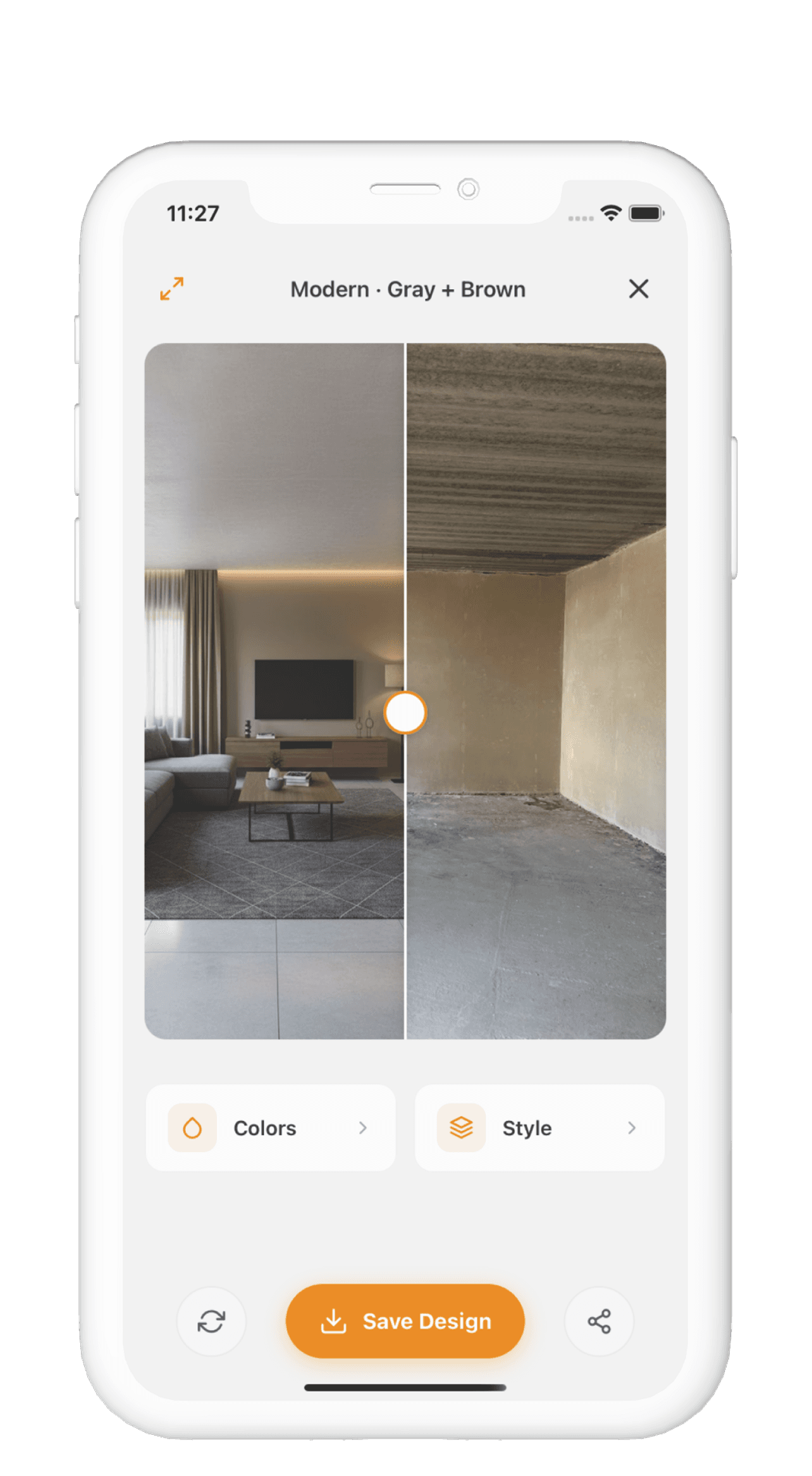Raccora app showing before and after room redesign with AI
